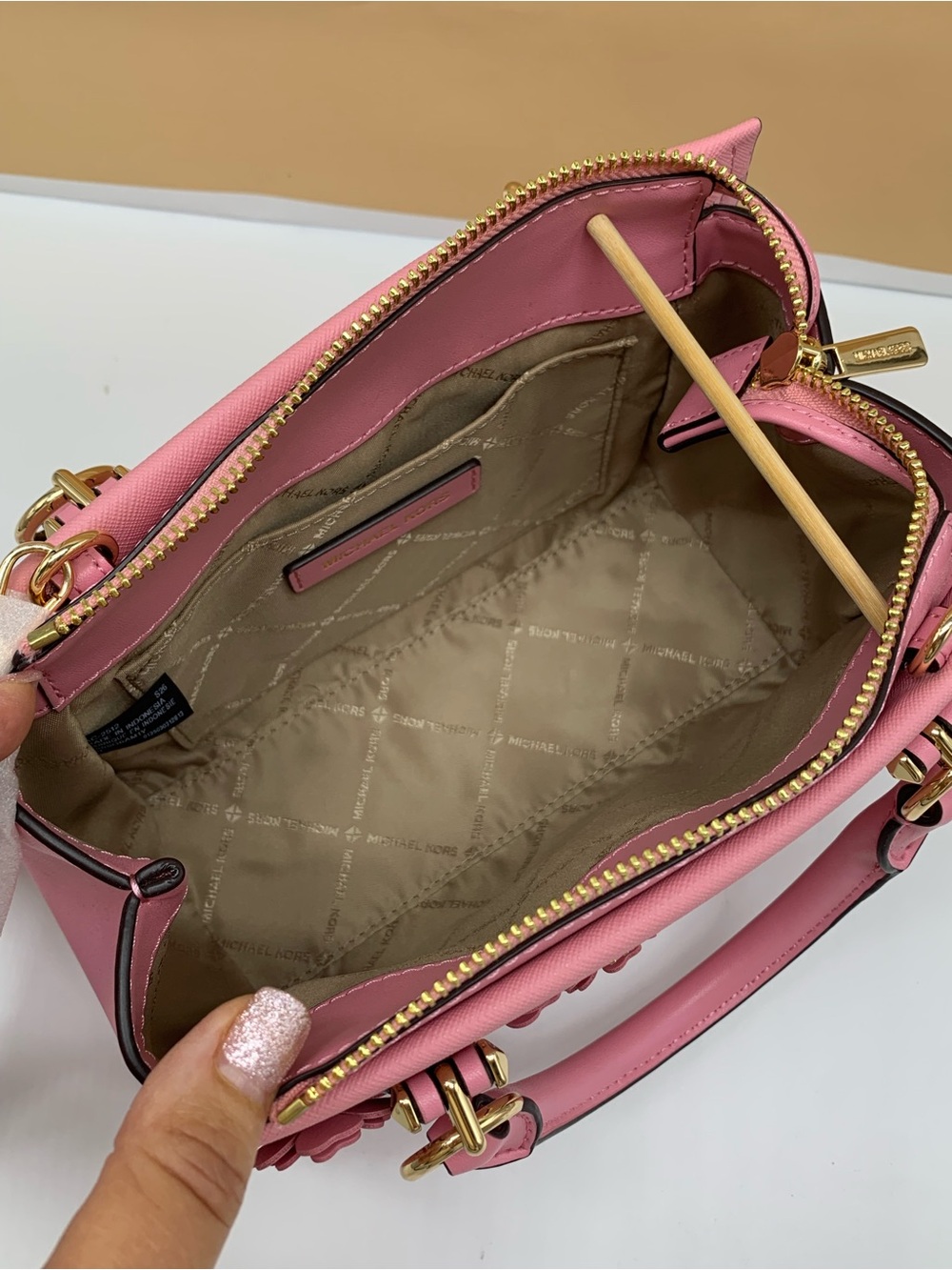 Michael Kors Marilyn Small Floral Embellished Satchel Carnation color - Picture 9 of 14
